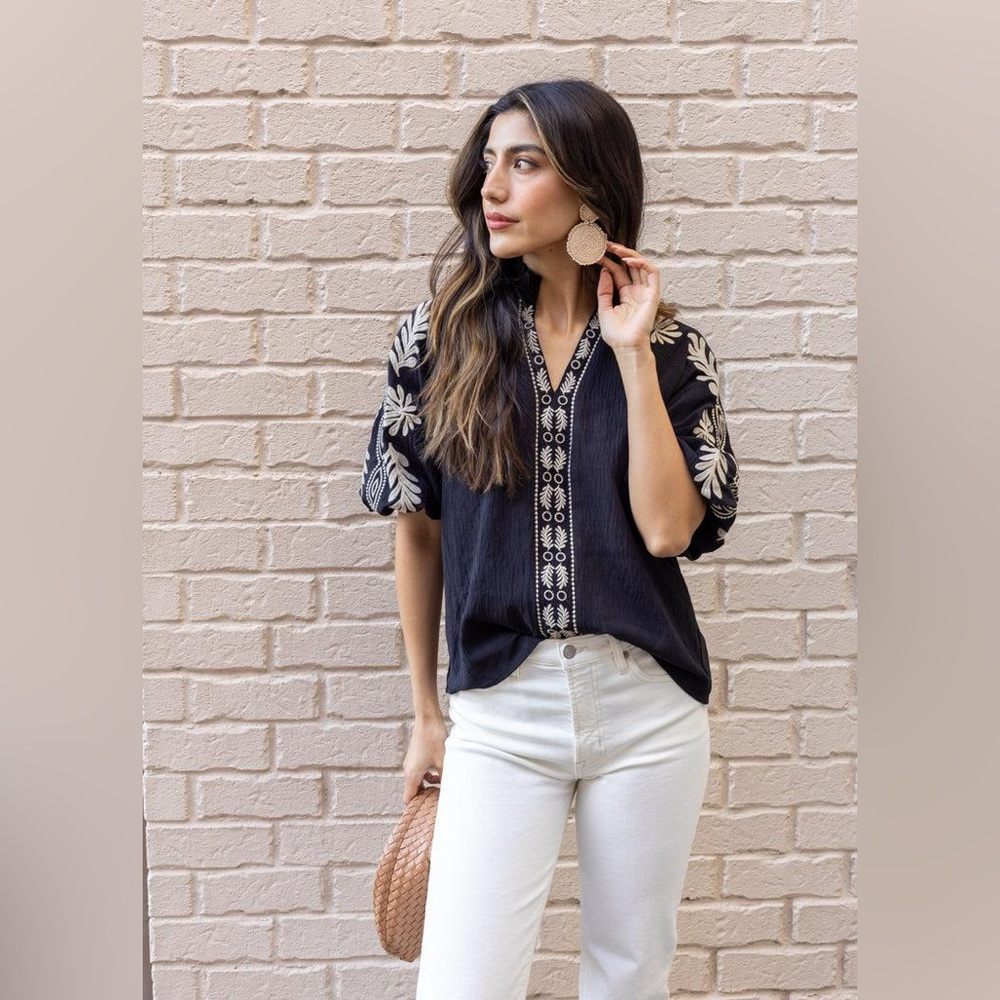 THML Josephine Embroidered Sleeve Top-Blac